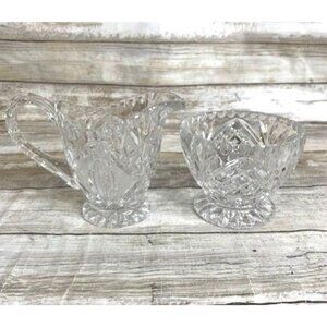 Vintage European Cut Crystal Creamer & Sugar Bowl Set Diamond & Fan Pattern